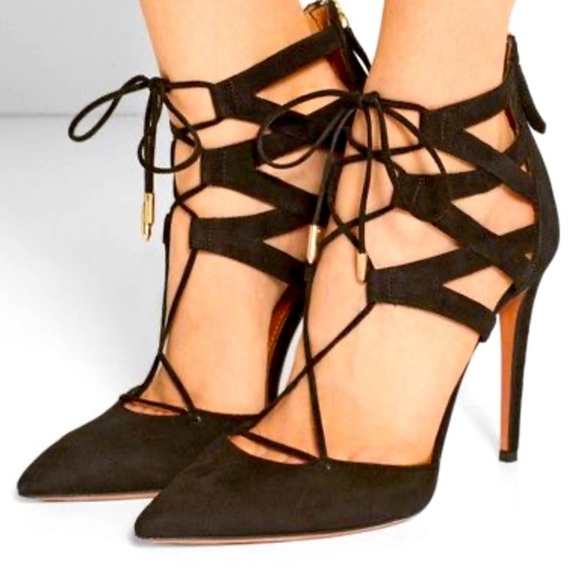 AQUAZZURA FIRENZE "Belgravia" 3" Pumps Lace Up Black Suede  Size 37.5 US7 - Picture 1 of 7